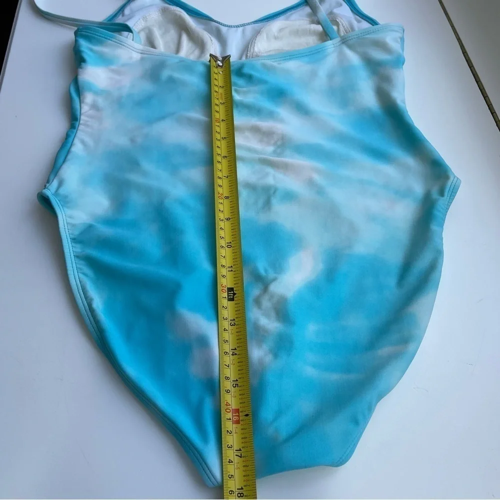 Anne Klein One Piece Swimsuit Sarong Set Sky Blue Tie Dye Aqua Turquoise 14